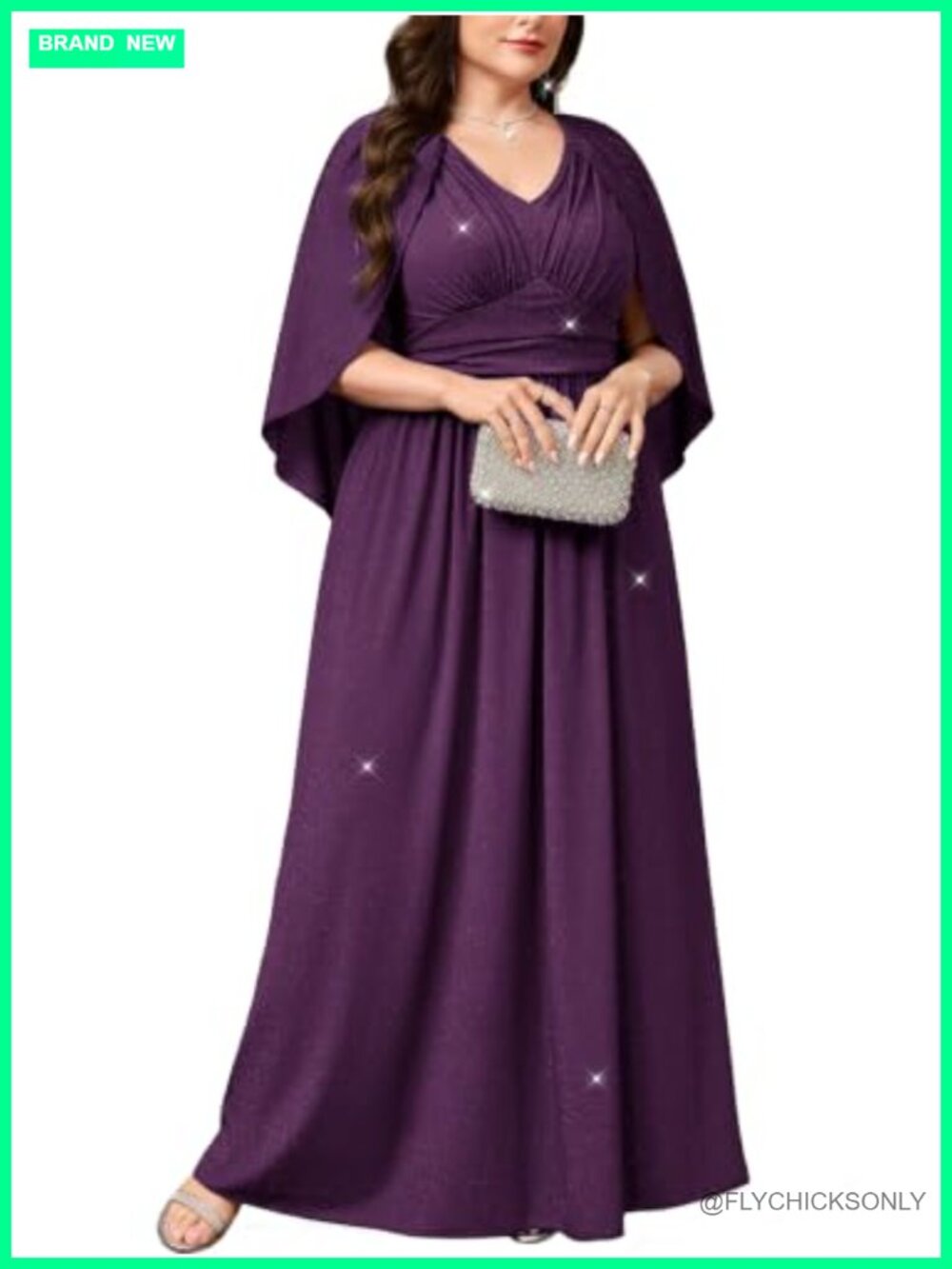 Plus Size Sparkly Cape Sleeve V Neck Ruched Waist A-Line Maxi Formal Gown